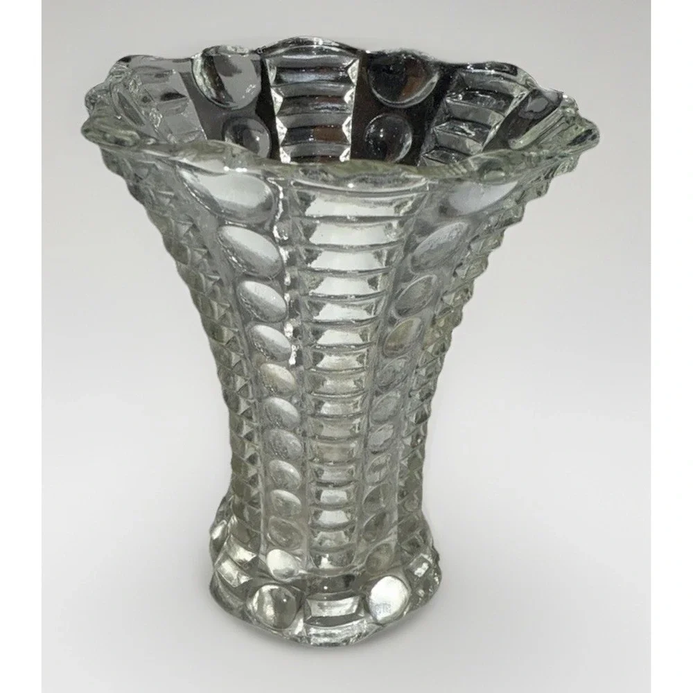 Vintage Clear Pressed Glass Thumbprint Diamond Point Scalloped Flared Vase